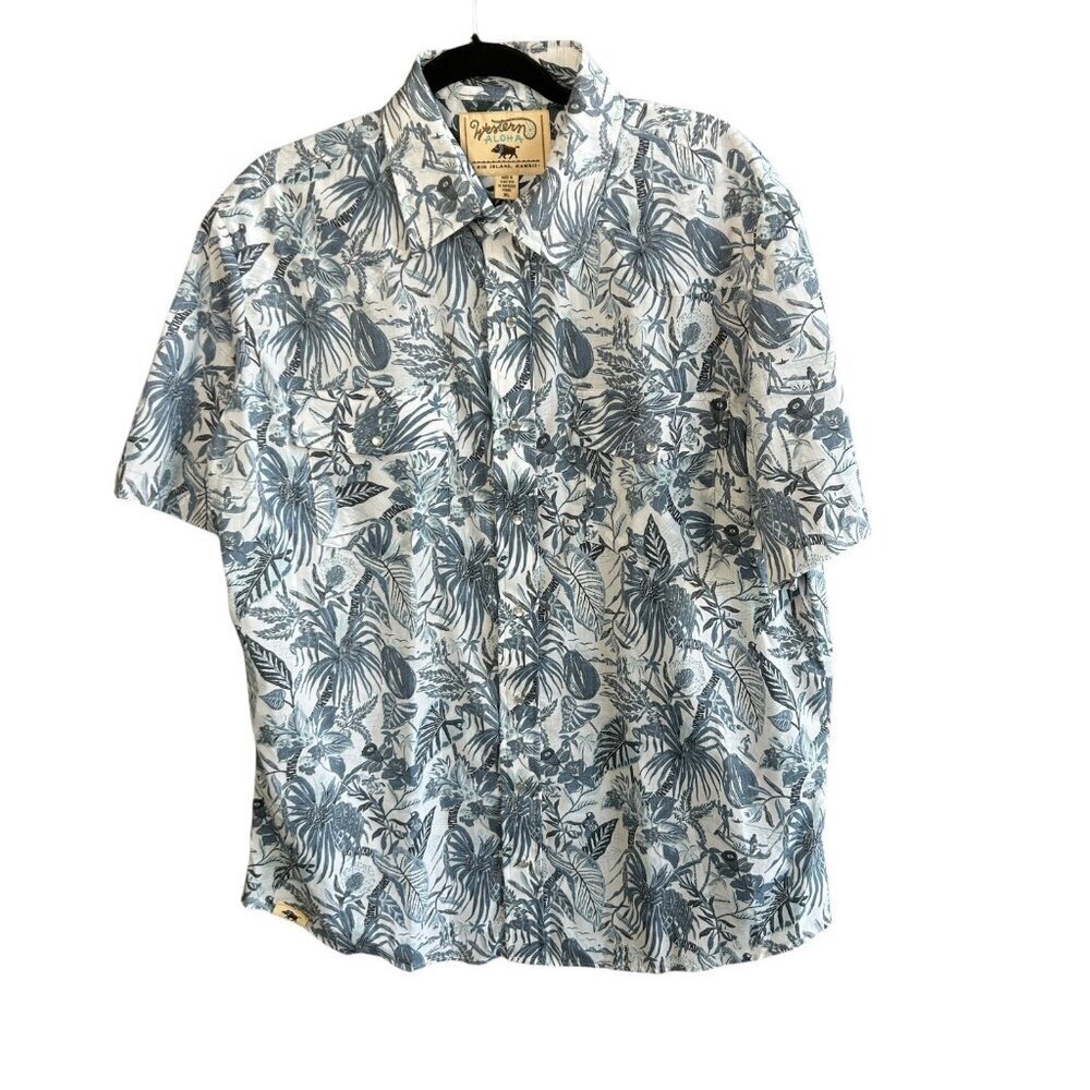 Western Aloha Men's Blue Floral Hawaiian USA Made Short Sleeve Shirt Size XL